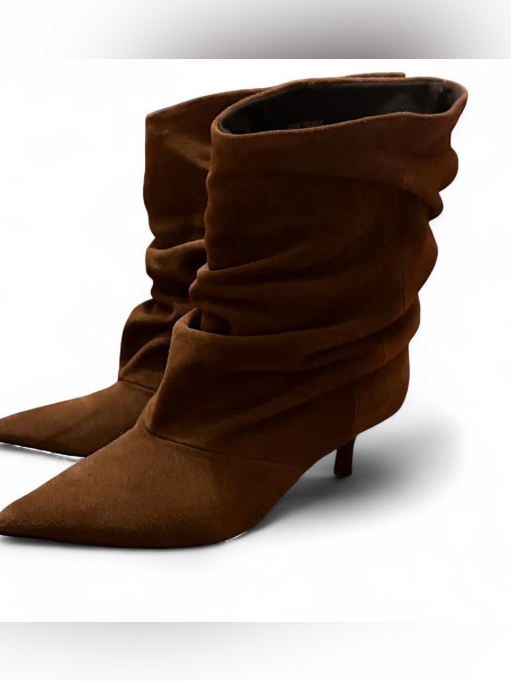 Zara Pointed-Toe Slouchy Mid-Kitten Heel Boots in Dark Brown